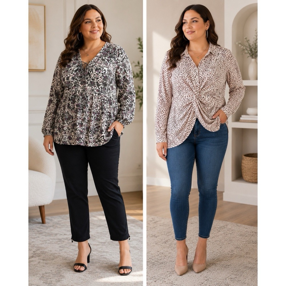 Torrid Tops Bundle Size 2-2X Floral Peplum & Leopard Twist Front Blouses